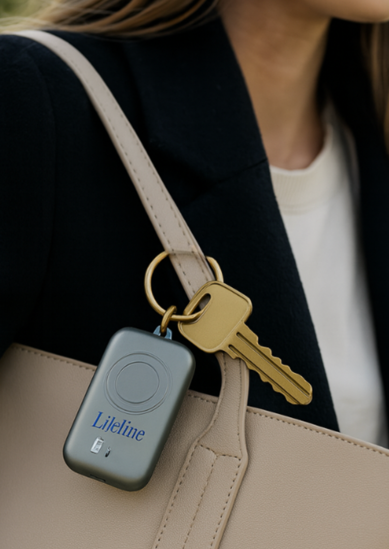 sølv lifeline overfaldsalarm på tasken