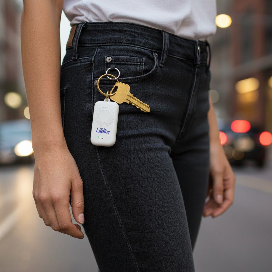 Hvid lifeline overfaldsalarm i en nøglering på bukserne